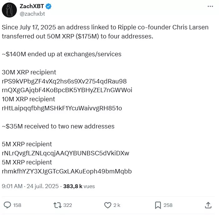 ZachXBT tweet on Chris Larsen's XRP movements