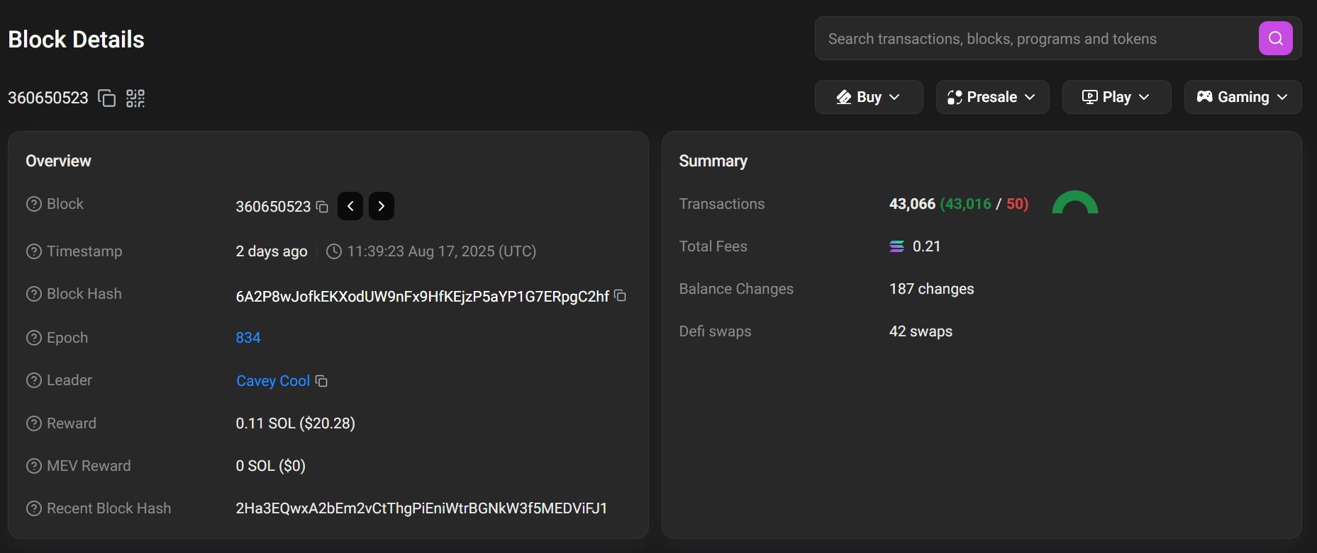 Blok van de Solana-blockchain met 43.066 transacties