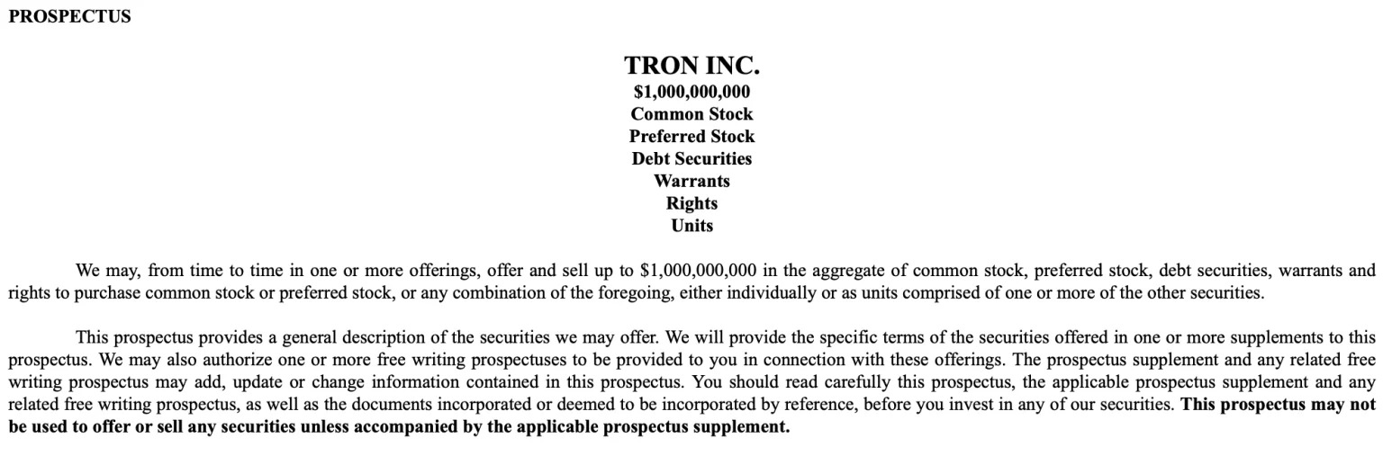 Выдержка из формы, поданной Tron Inc. в SEC