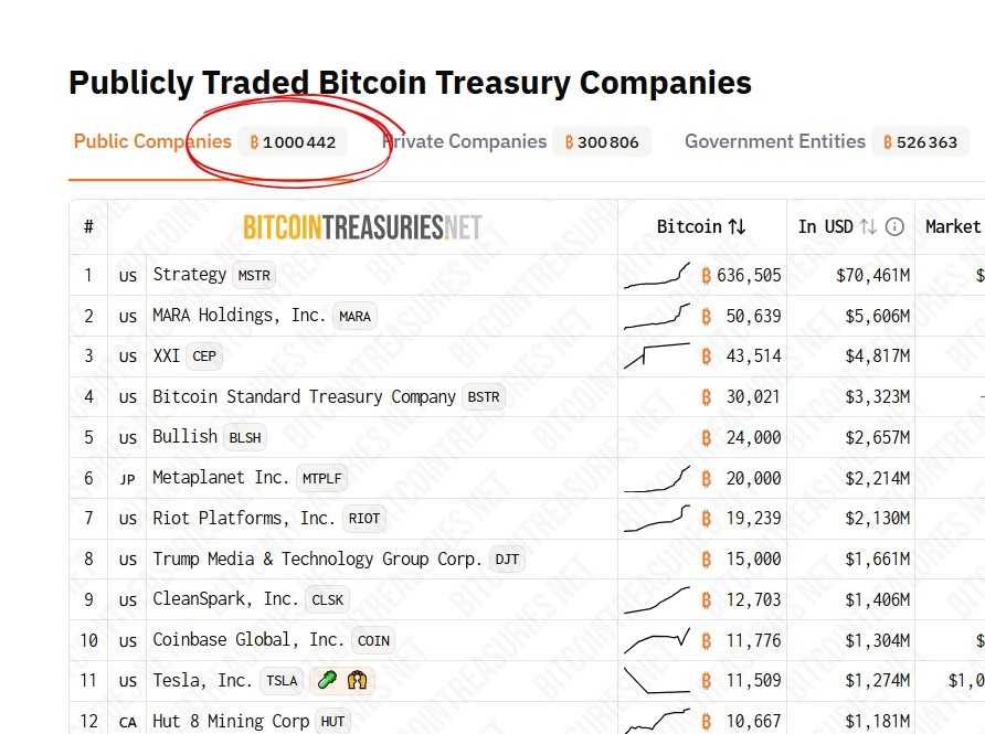 As empresas públicas acumularam mais de um milhão de Bitcoins. Fonte: Bitcoin Treasuries
