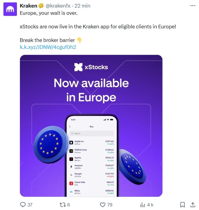 Aankondiging van Kraken over de komst van xStocks naar Europa