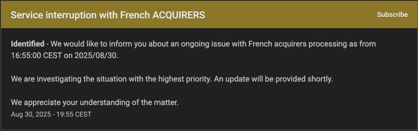 Maintenance page of the payment company Worldline