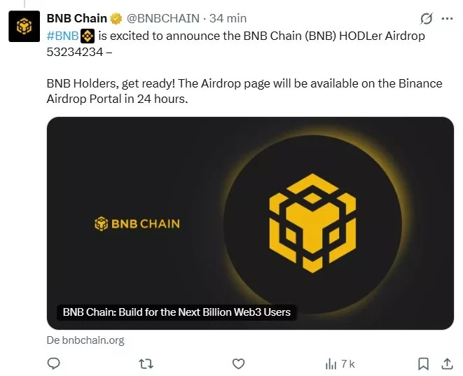 Tuit fraudulento en la cuenta X hackeada de BNB Chain