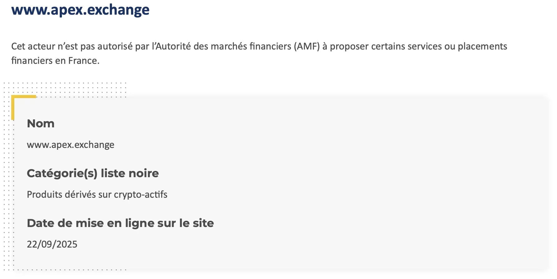 La AMF incluye a la DEX Apex Exchange en su lista negra