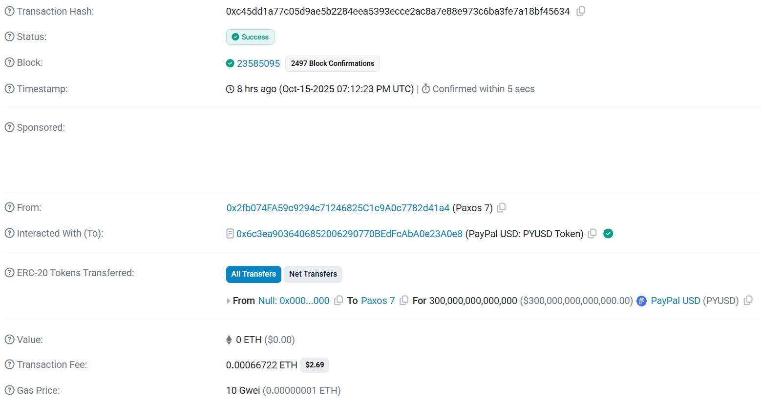 Transacción de PYUSD emitidos por error