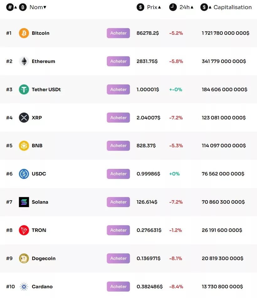 Übersicht über die Top 10 der Kryptowährungen