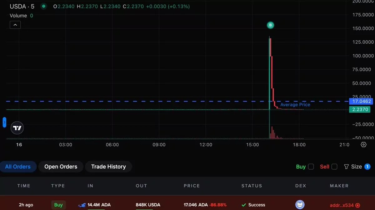 Details van de transactie waarbij ADA werd geruild voor de stablecoin USDA