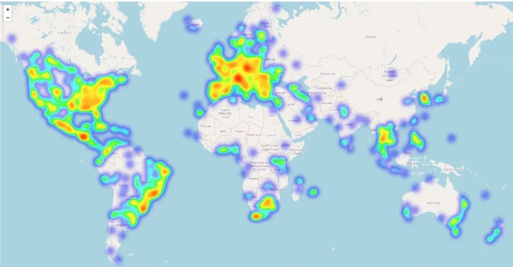 Heatmap der Geschäfte, die Bitcoin akzeptieren