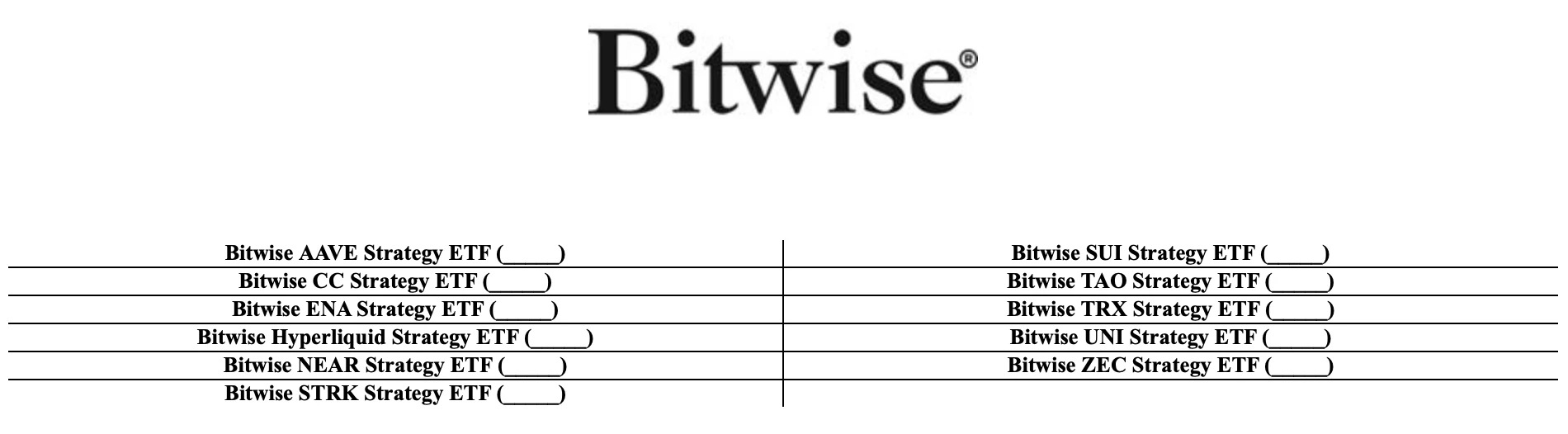 Bitwiseが提出した11件の暗号資産ETF申請一覧