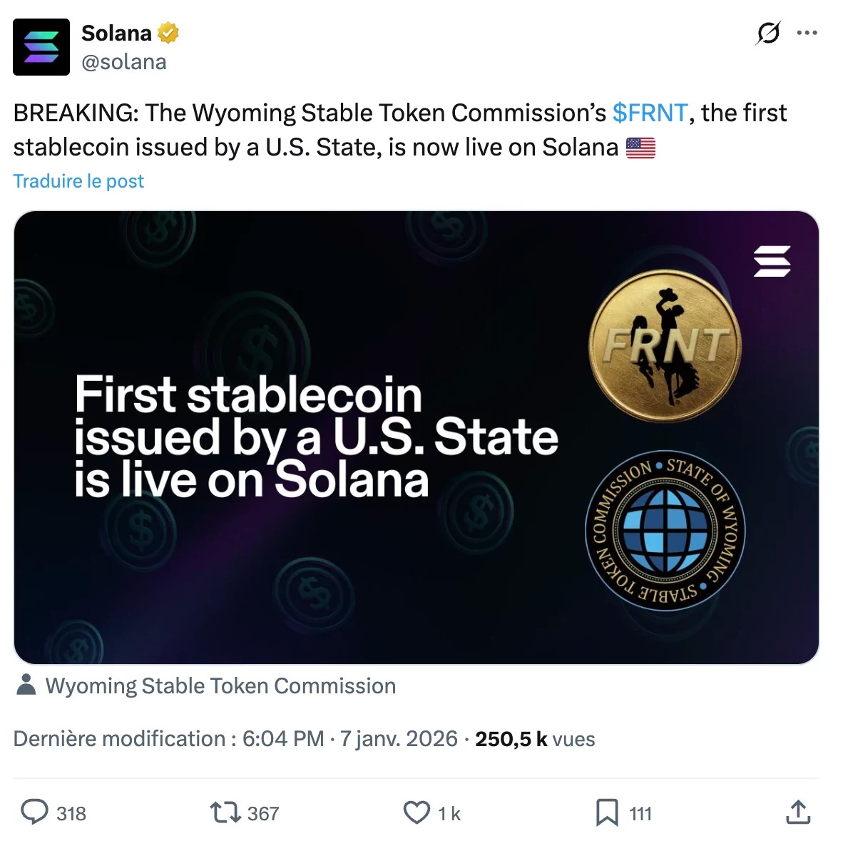 FRNTの導入を告知するSolanaのツイート
