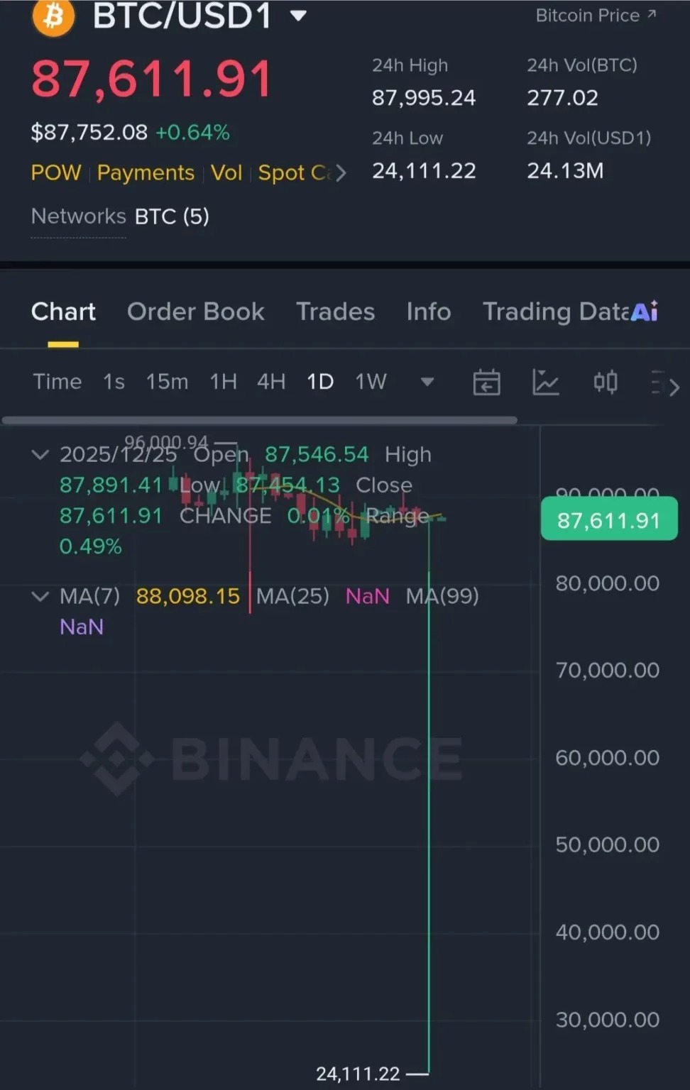 Bitcoin drops to $24,000 on the BTCUSD1 pair