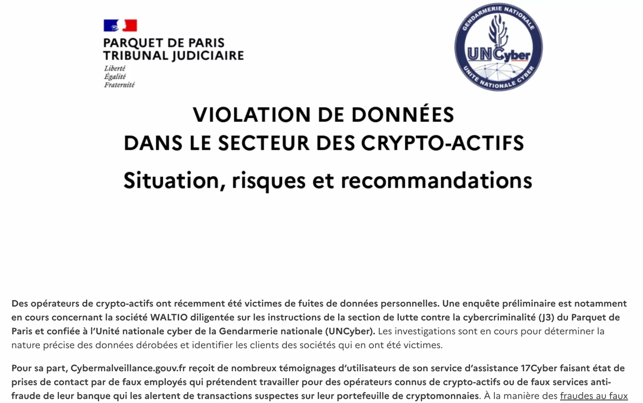Joint statement from the Paris Public Prosecutor’s Office and the Gendarmerie’s cyber unit on the Cybermalveillance website