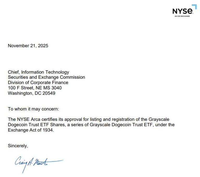 Letter from NYSE Arca regarding the Grayscale Dogecoin Trust ETF