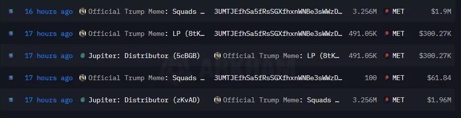Some of the MET transactions by the TRUMP memecoin teams