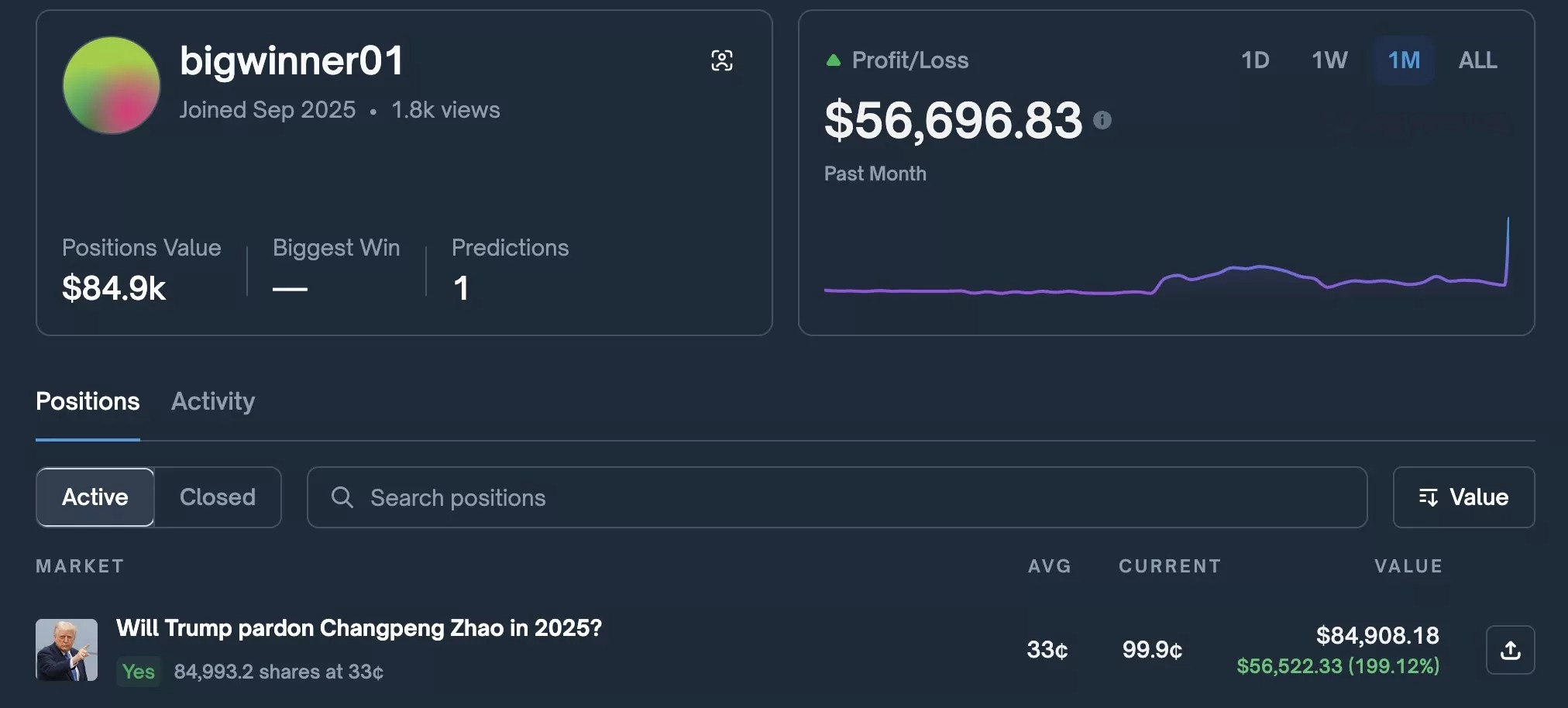 Open position on the Polymarket platform by the ‘bigwinner01’ account